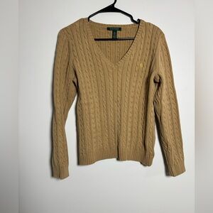 Lauren Ralph Lauren Preppy Cable Knit V-Neck Sweater Tan Cotton Size Large